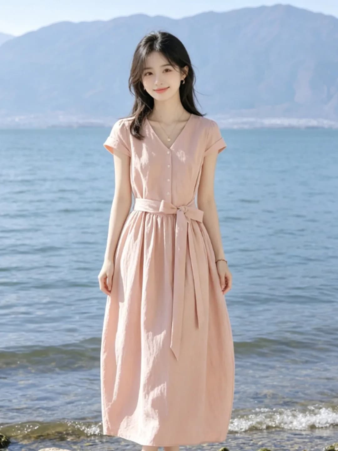 Elegante Abito Estivo Lungo da Donna con Cintura in Vita, Stile Delicato, Vita Alta, Maniche Corte, Scollo a V, Lunghezza Midi