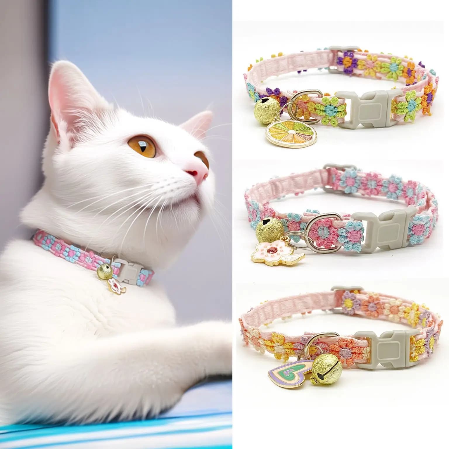 Collane per gatti e cuccioli Collare per gattini con fiori colorati arcobaleno e campanellini Cinturino regolabile Collare per gattini in pizzo colorato Accessorio per cani