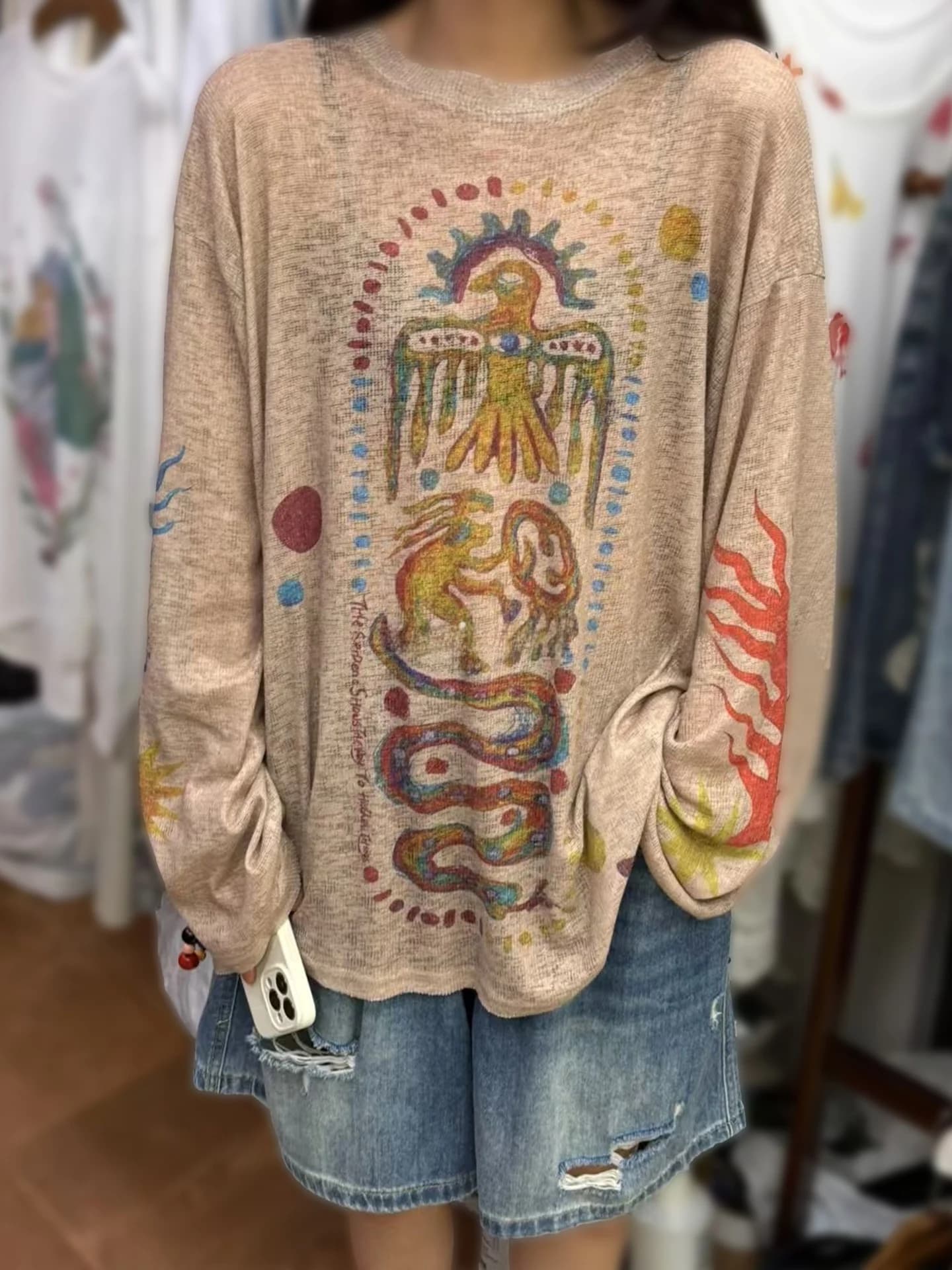 Summer Retro Japanese Style Khaki Patterned Sunscreen T-Shorts plus Size Women's Loose Fit Long Sleeve round Neck Top