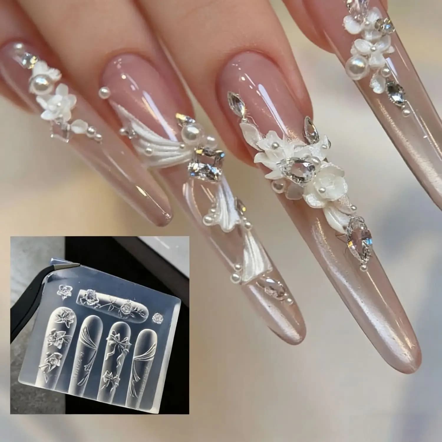 3D Silicone Nail Art Mold Rose Flower Bow Wing Retro Relief Pattern Design DIY Nail Templates Manicure Design Tool