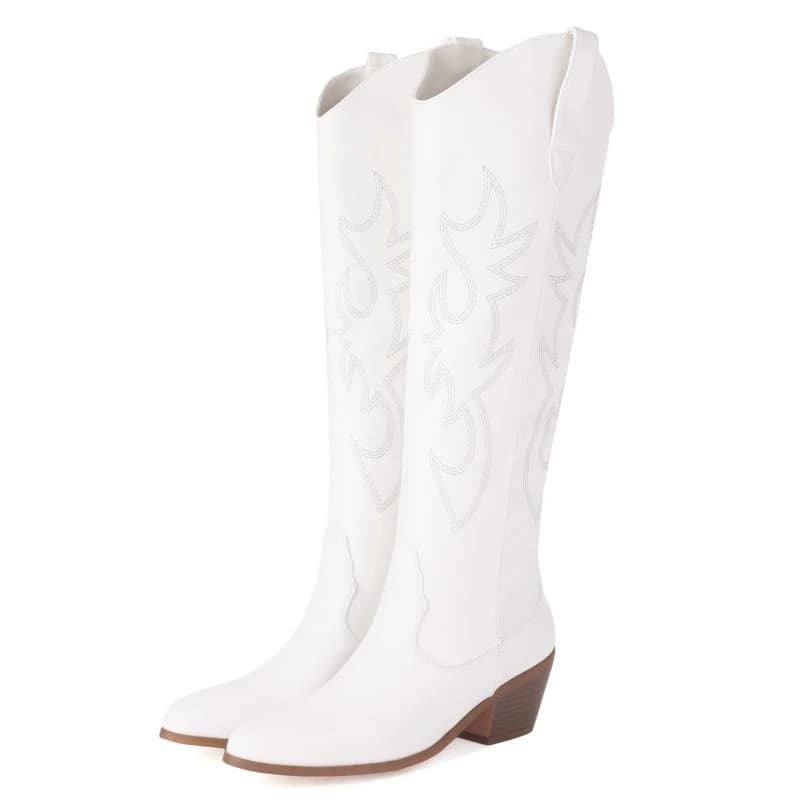 Stivali alti al ginocchio da donna bianchi 2023 Stivali da cowboy occidentali invernali da cowgirl Stivali con zeppa in pelle nera Ricama scarpe da festa da donna