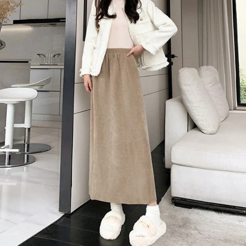 Autumn Winter Lady Solid Color Thin A-line Wool Skirts Women Fashion Elastic Waist Skirts Girls Fashion Back Slit Midi Dress