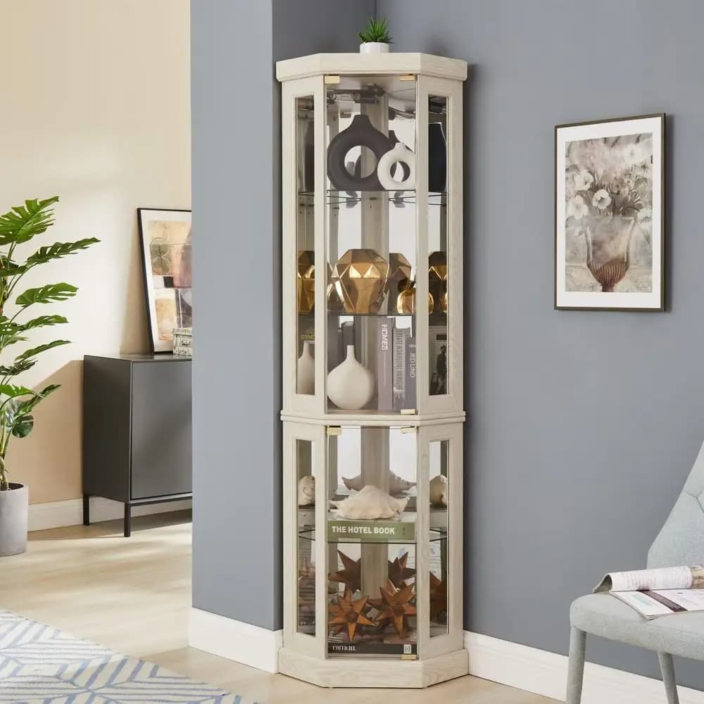 Vetrina Angolare Illuminata H Corner per Soggiorno, Espositore Angolare per Oggetti d'Arte, Collezioni Antiche, Vini, Bar