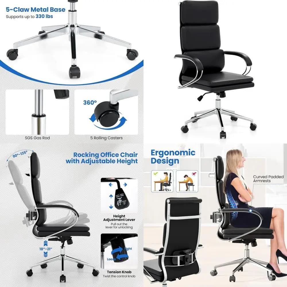 Sedia da Ufficio Ergonomica Girevole con Schienale Alto, Ruote, Funzione Dondolo, Supporto Lombare e Cuscini, Stile Executive Nero