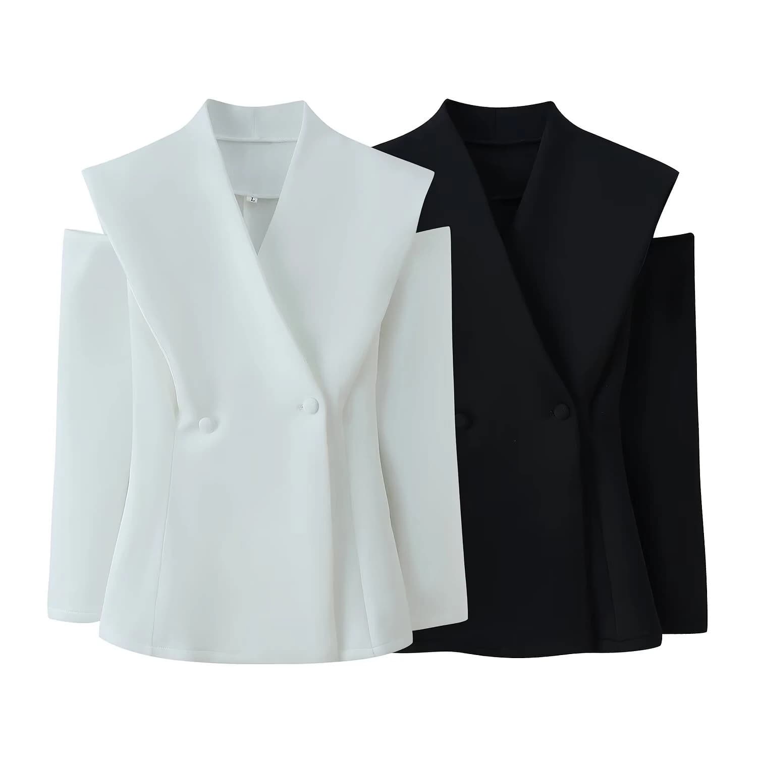 New spring women's jacket, business style, slim fit, with perforated design, uncovered shoulders, long sleeves and double chest.