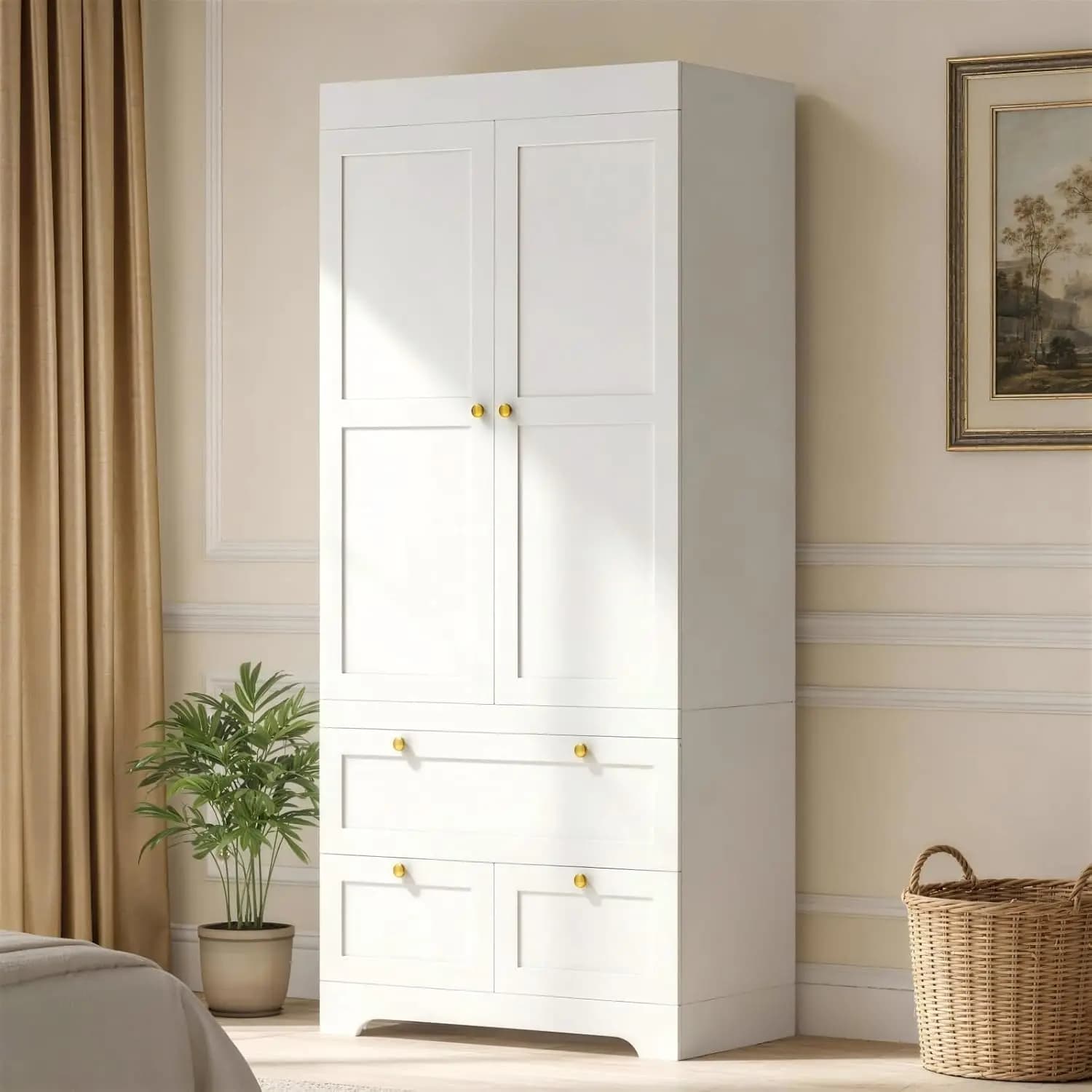 Armadio in Legno Bianco con Tre Cassetti, Maniglie Dorate, Ampio Spazio di Stoccaggio, Armadio per Cameretta Senza Odori, Certificato CPC