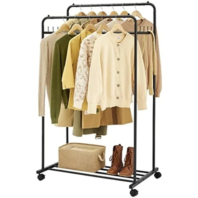 Hoctieon double rod clothes rack, clothes hangers on wheels, portable clothes hangers for hanging clothes, closet hangers