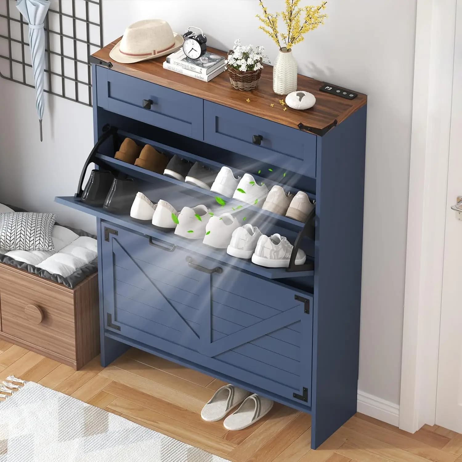 Scarpiera con 2 Cassetti Ribaltabili e Funzione Deodorante, Mobile Contenitore per Scarpe con 2 Cassetti Estraibili, Personalizzabile