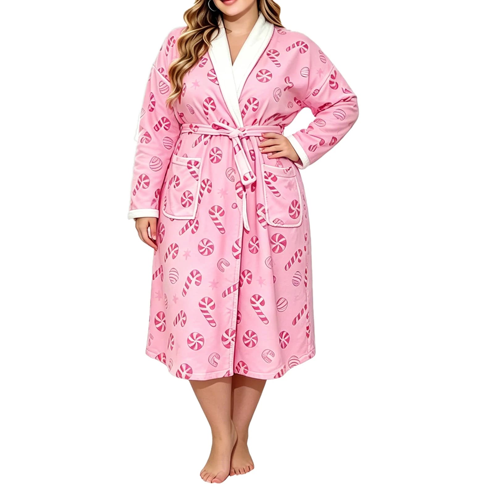 Winter Women Plus Size Kimono Bathrobe Christmas Candy Print Winter Soft Spa Robe with Pockets for Casual Loungewear Xmas Robes
