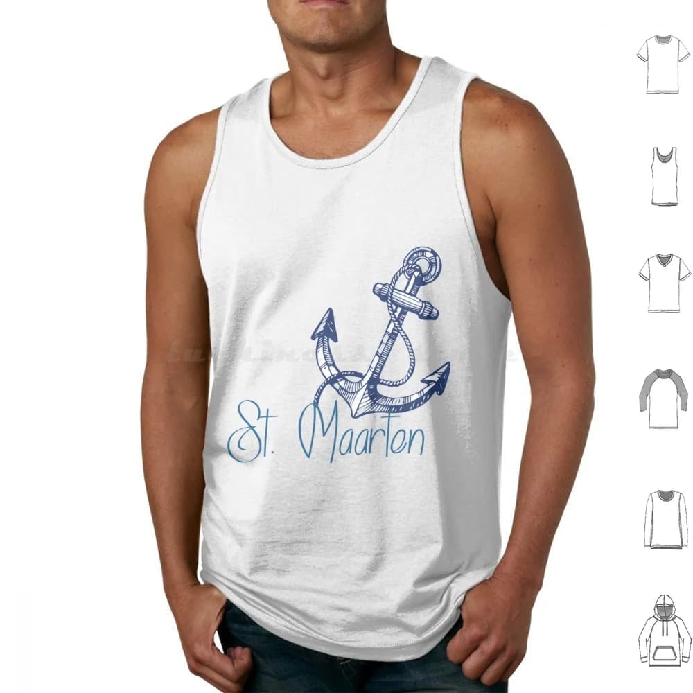 St. Maarten Canotte Stampa Cotone St Maarten Sint Sint Maarten St Vacation Island Summer Anchor Ocean Sea Boat Wave Aj