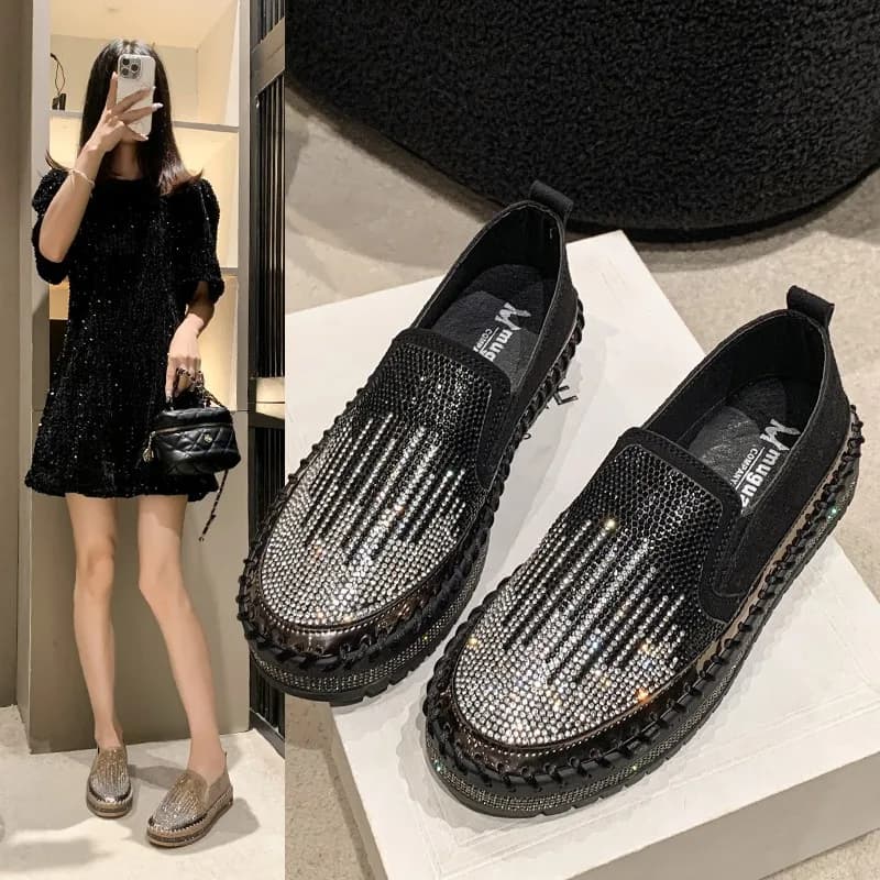 Luxury Moccasins with Women's Rhinestone Women's Low Shoes Signed Bling Casual Shoes with Rhinestone Outdoor Walking Platform Shoes