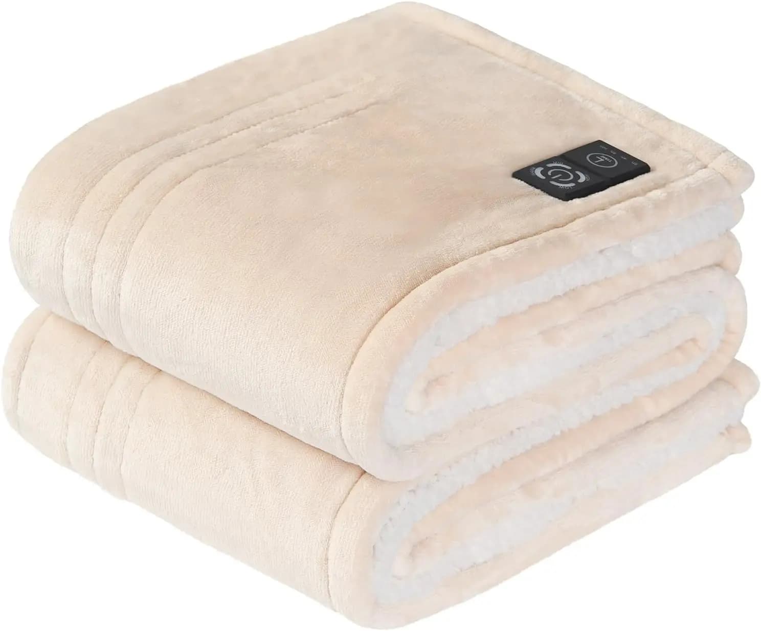 Coperta Termica con Telecomando a Pulsanti, Reversibile in Flanella e Sherpa, 4 Livelli di Calore e Timer, Spegnimento Automatico, 50x60 Pollici Beige
