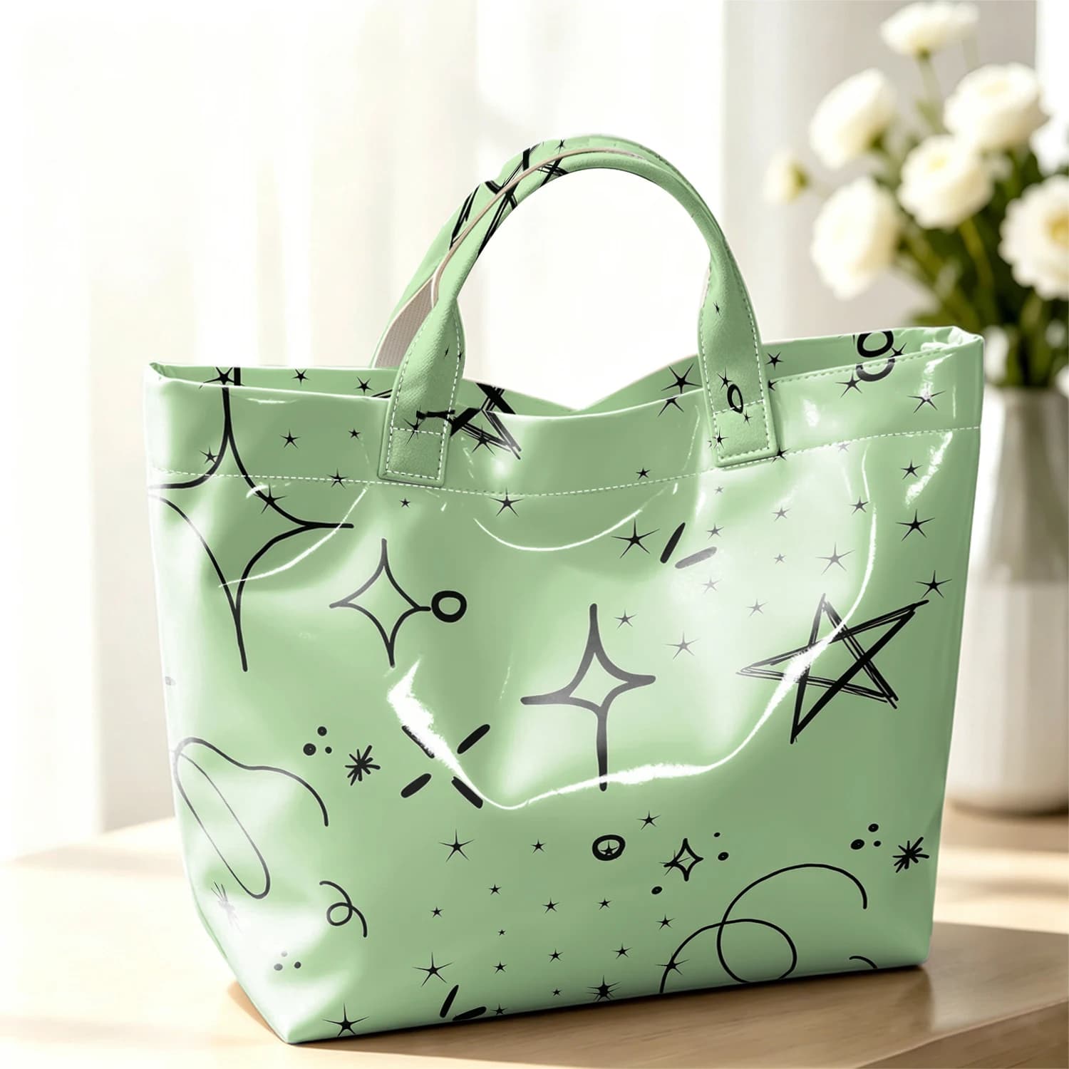 Doodle Star Mint Background Fashion Large Glossy PVC Tote Bag Hand Washable Waterproof Travel Commute Cosmetic Storage Shopper