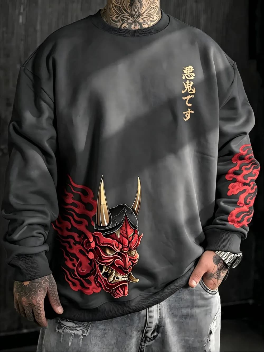 American men's autumn ghost mask flame letter print soft and comfortable round neck long sleeved T-shirt outdoor street top