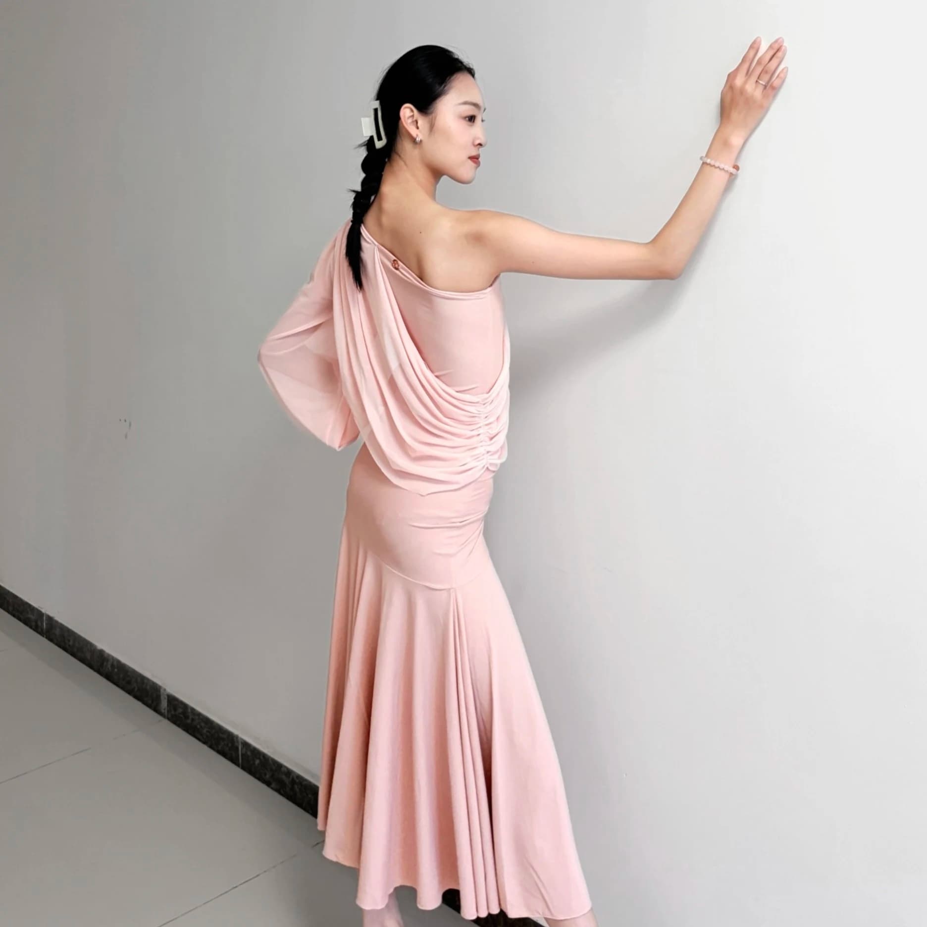 Pink Ballroom Dance Clothes Waltz Dance Performance Dresses Slant Shoulder Tops Long Skirt Club Party Tango Dance Dress SS1787