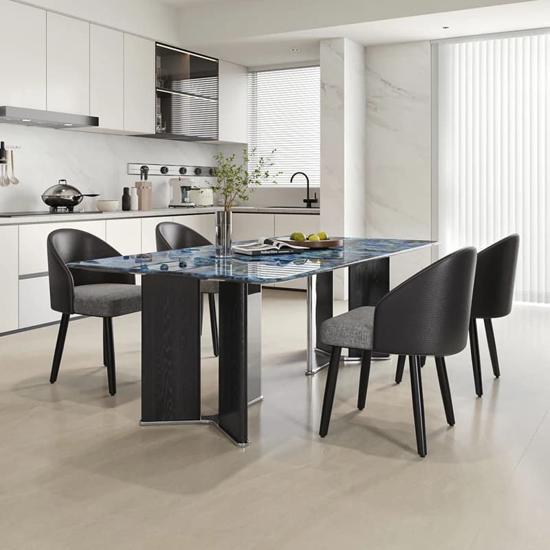 Set Moderno di Tavolo da Pranzo Rettangolare in Legno e Marmo con Sedie, 4-6 Posti, Gambe in Acciaio Inox, Design per Cucina, Mobili Neri