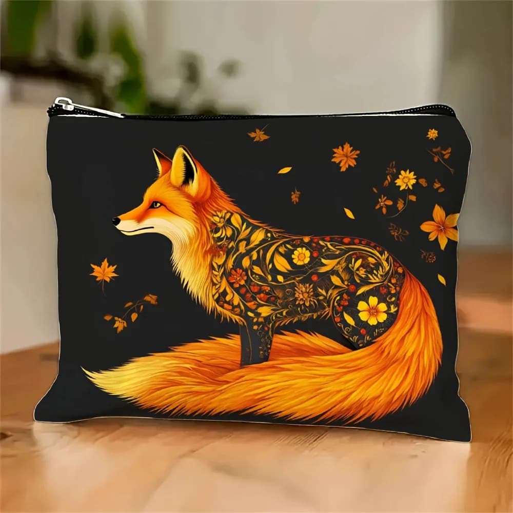 A bag for makeup with fox and floral pattern: multifunctional zipper case, jewelry store bag, small bag with perfect travel zipper