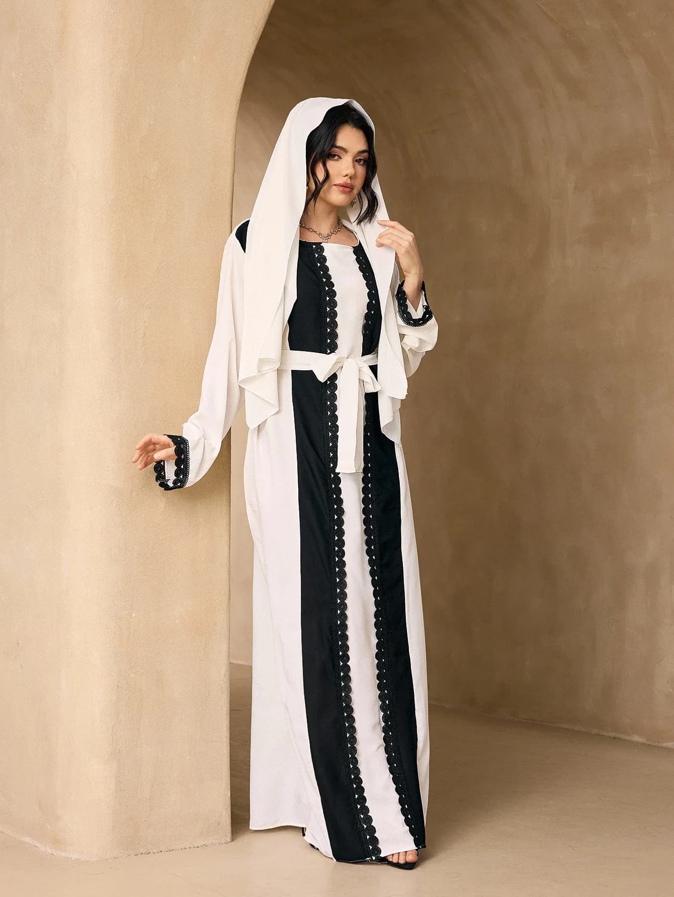 Black Lace Panel Open Abaya 3pcs Matching Hijab Belt Set, Flare Sleeve Modest Long Maxi Outfit for Muslim Ladies Eid Wear