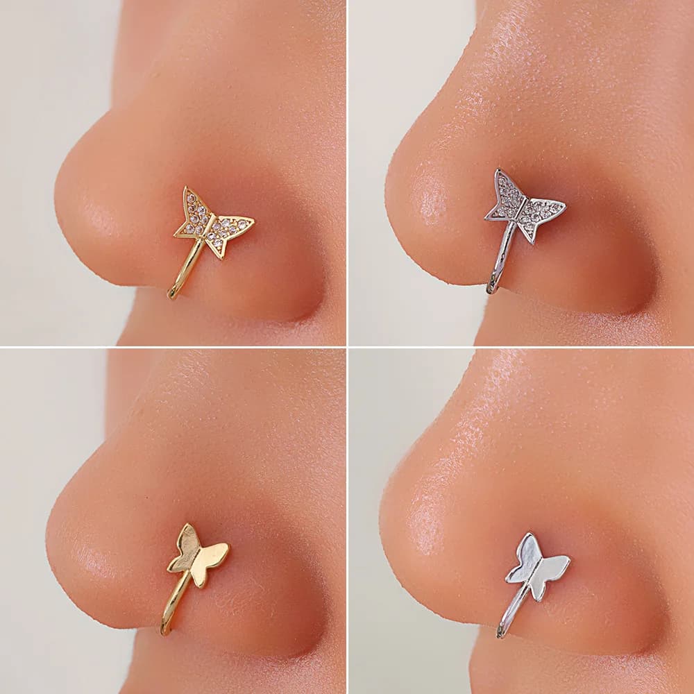 Anello da naso finto a forma di farfalla color oro alla moda per donna, piercing finto a U in rame stile africano