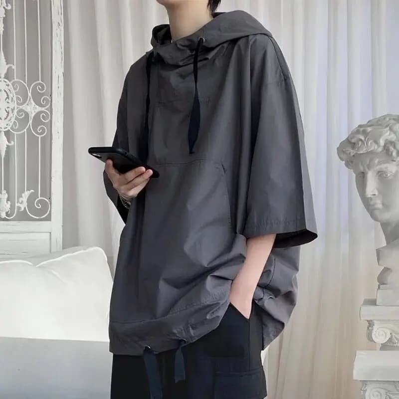 Summer Short-sleeved Sweatshirt for Men's Thin Loose Hooded Five-point Sleeve Korean Jacket Sun Protection Versatile Trendy Top