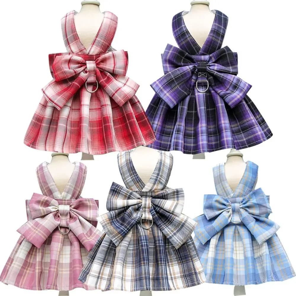 con guinzaglio Trazione Dog Plaid JK Dress Sottile Dacron Pettorina Gonna Comodo gilet regolabile per animali domestici Vestiti Cucciolo