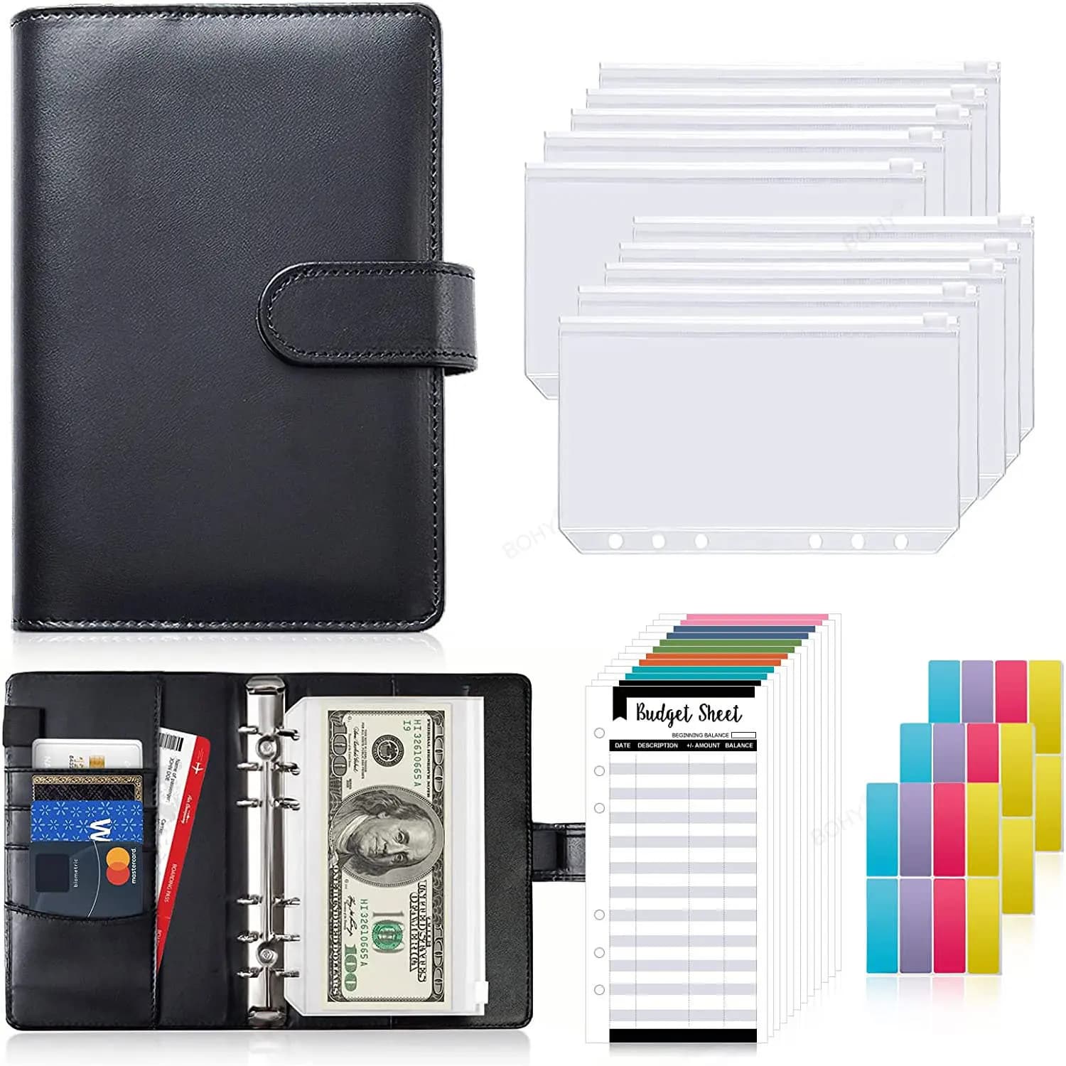 Set di buste per contanti per notebook A6 Tasche per raccoglitori Raccoglitore per budget in pelle PU Accessori per organizer per banconote per risparmiare denaro