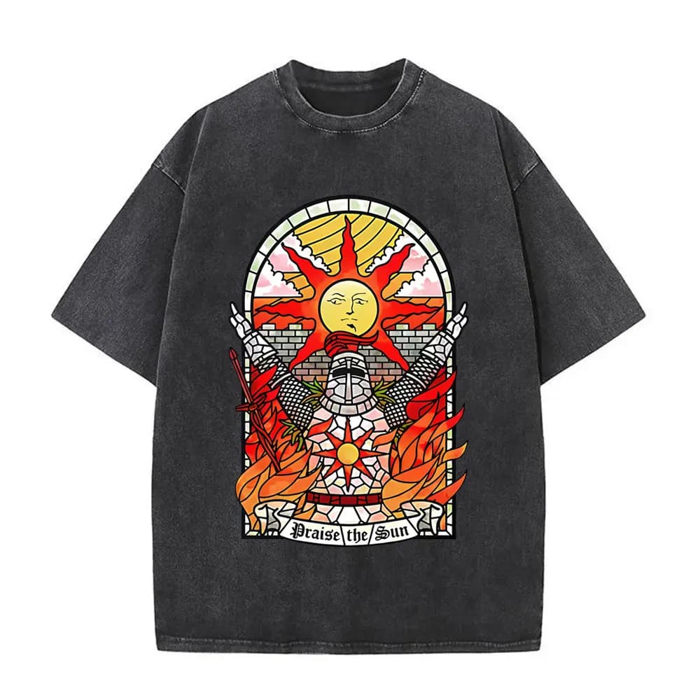 Gioco Dark Souls Chiesa del Sole Lavato T-shirt Vintage Lode Il Sole T-shirt Uomo Donna Retro Gothic Rock T-shirt Streetwear