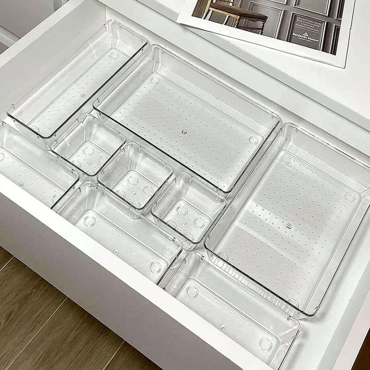 Set di 7 Organizzatori per Cassetti, Contenitori in Plastica Trasparente per Bagno e Trucchi, Scatole Organizzative per Cassetti
