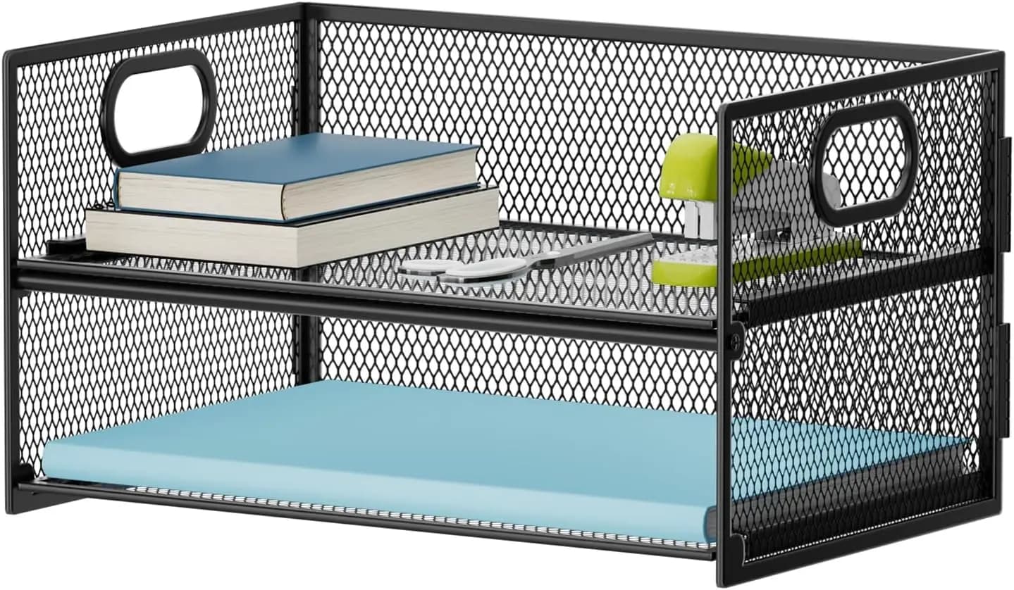 2-Tier Mesh Letter Tray with Handle, Paper Sorter Desk Organizer for Home Office - Black
