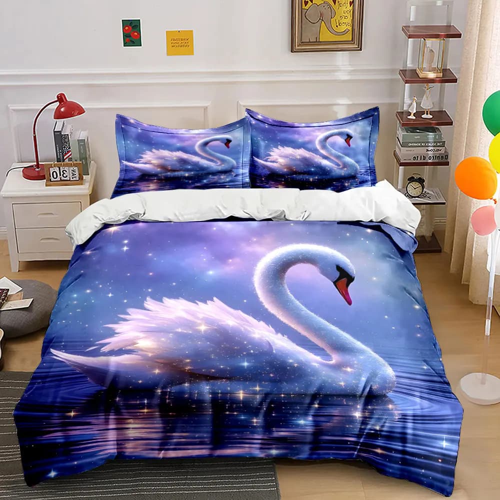 Dreamy Swan with Sparkling Stars Printed Duvet Cover Set1 Duvet Cover+2 PillowcaseMulti Size Bedroom Bedding Decor