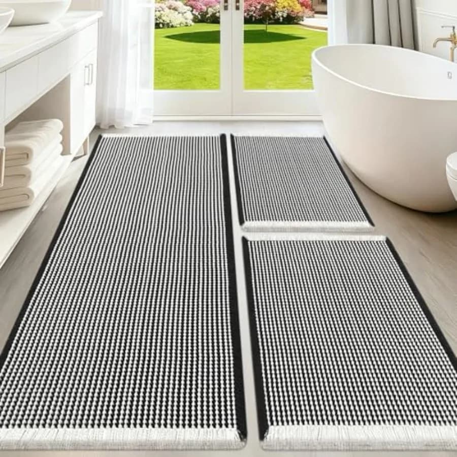 Set Tappeti da Bagno Migliorati 3 Pezzi Super Assorbenti Antiscivolo ad Asciugatura Rapida con Nappe Lavabili in Lavatrice Ultra Morbidi Stile Boho