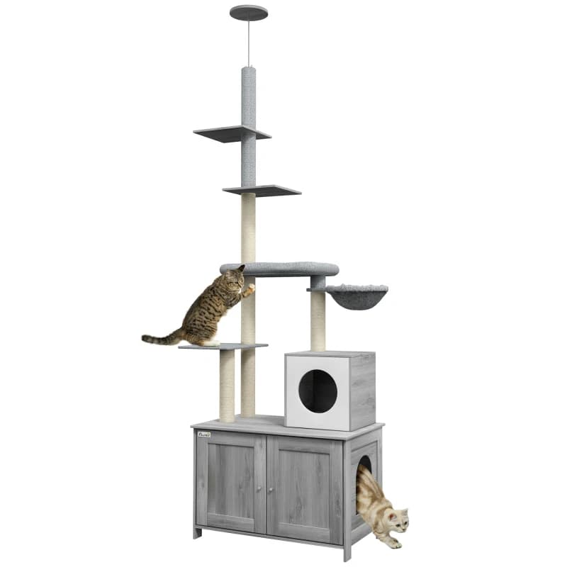 PawHut Tiragraffi per Gatti con Box Lettiera Integrato, 2 in 1, da Terra a Soffitto, con Cuccia, Letto e Amaca, S