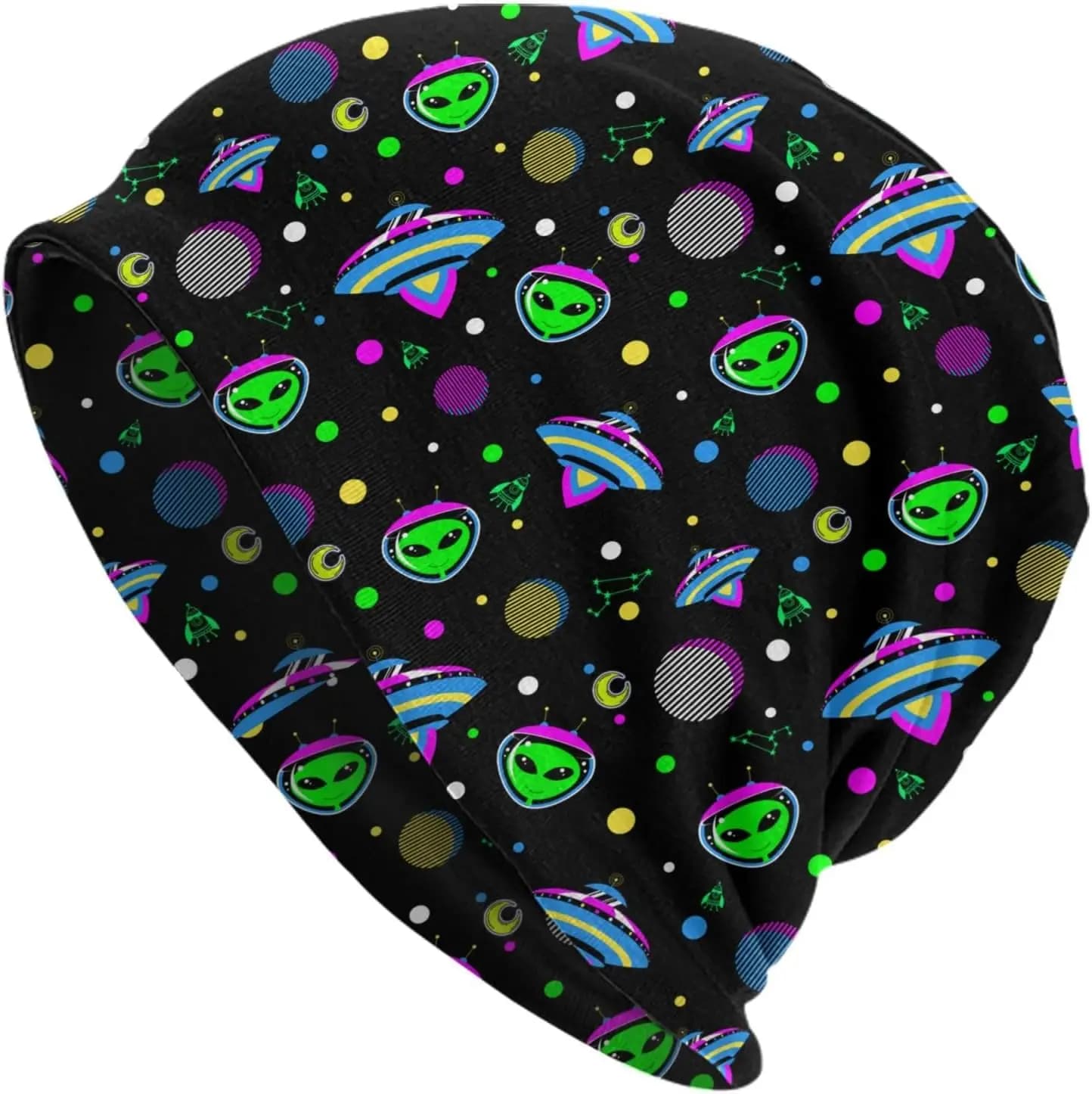 Aliens Space UFO Beanie Hat Chemo Headwear Slouchy Skull Sleep Cap for Women Men Winter Running