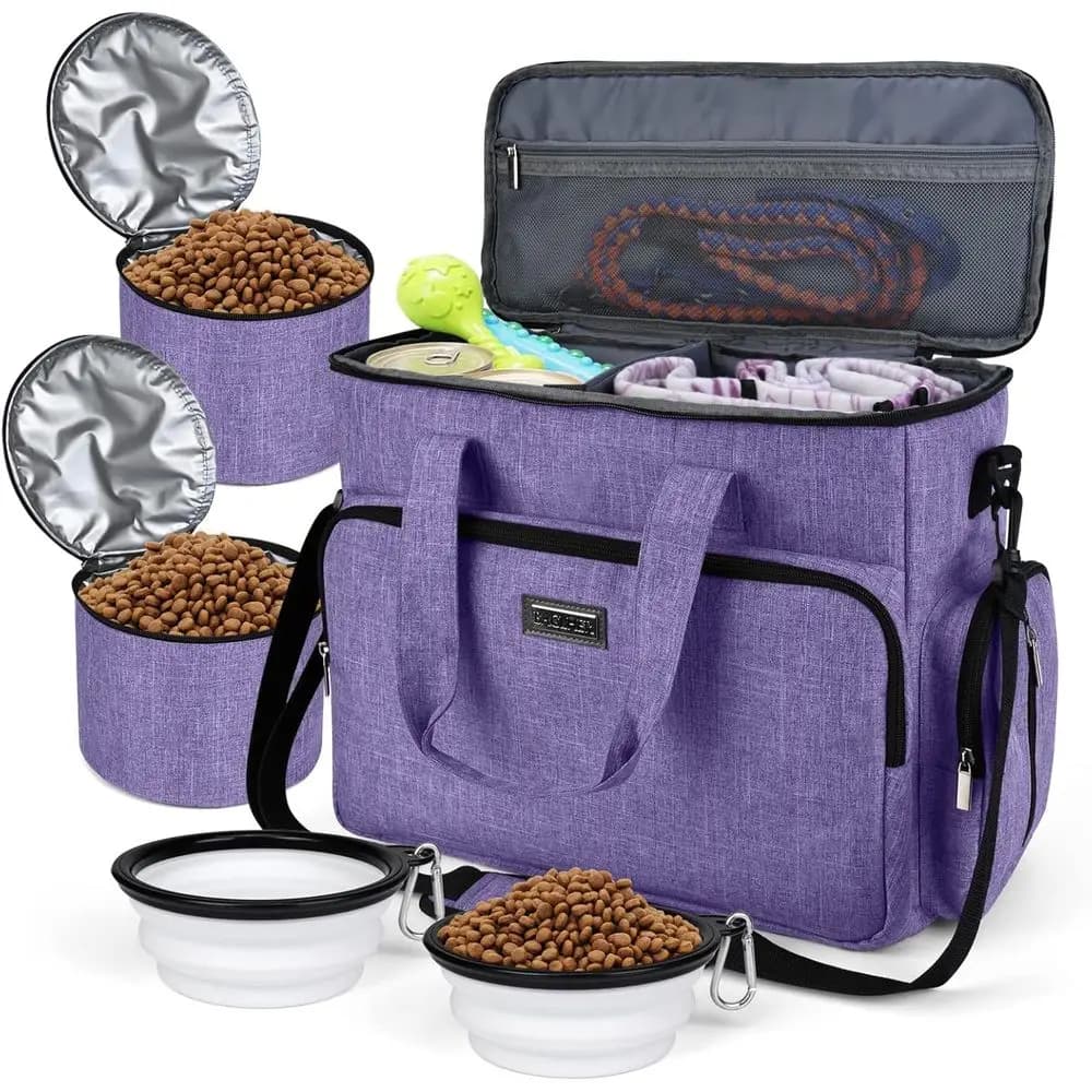 Borsa Organizer per Animali Domestici Approvata dalle Compagnie Aeree con Tasche Multifunzione, 2 Contenitori per Cibo e 2 Ciotole Pieghevoli per Cani, Perfetta