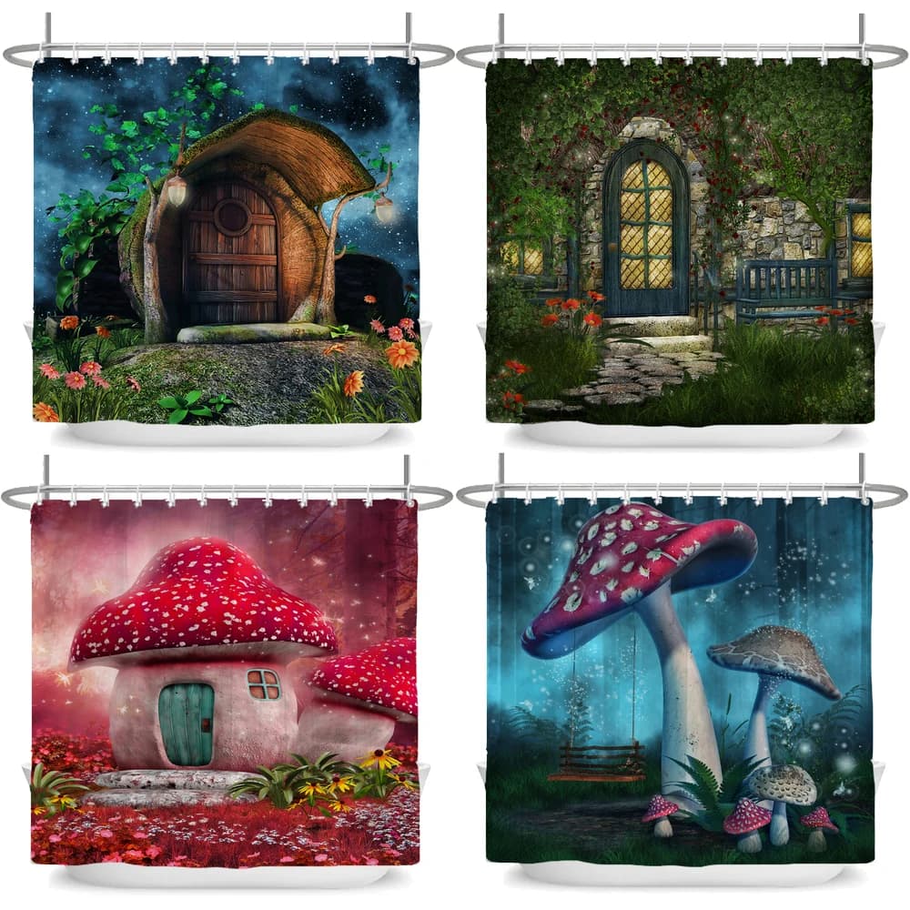 Tenda da Doccia Foresta Incantata, Stile Gotico con Funghi e Cartoni Animati, Impermeabile, Decorazione Bagno con Ganci