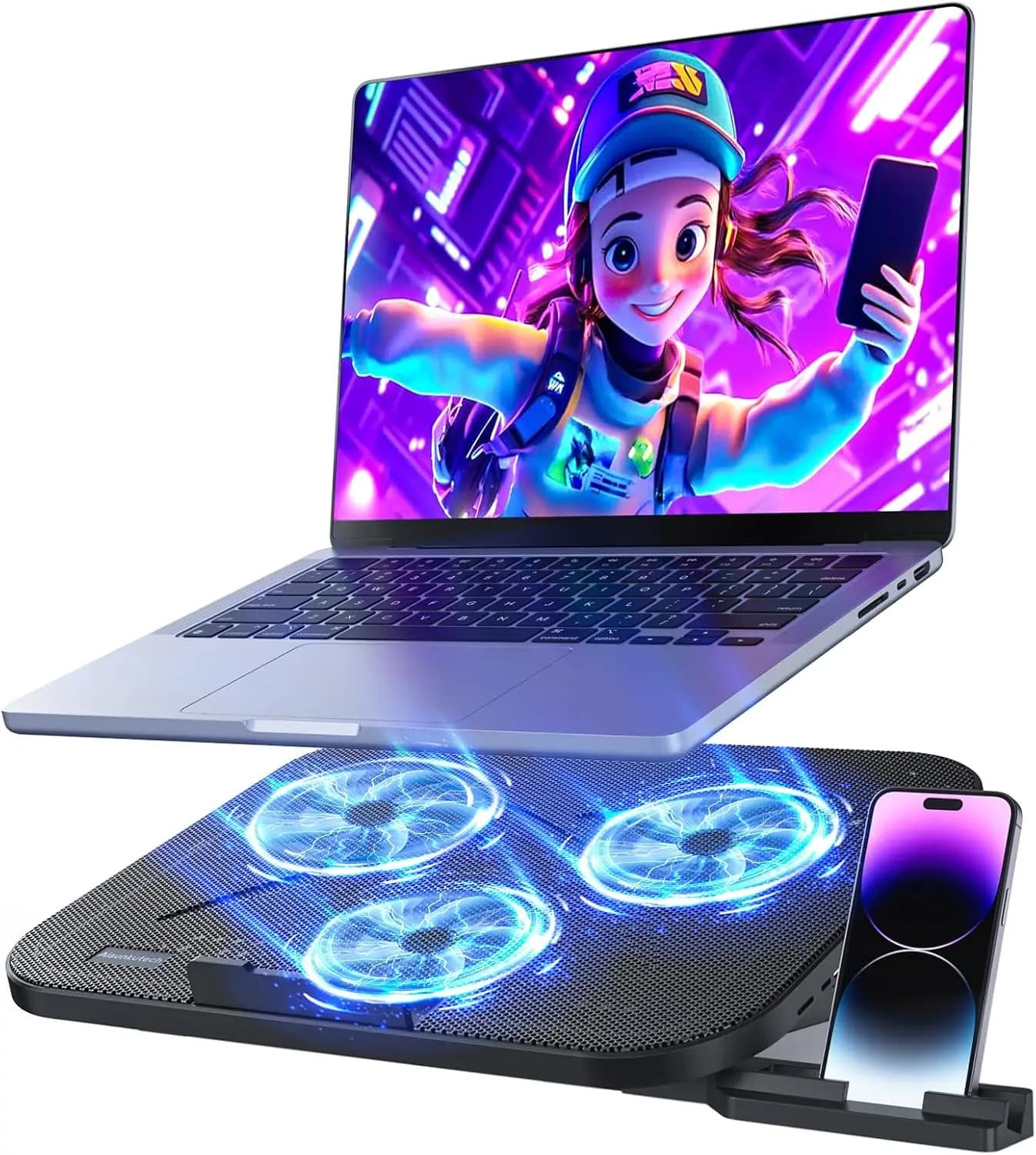 Base di Raffreddamento per Laptop Silenziosa a 3 Ventole, Supporto Regolabile con 2 Porte USB e Porta Telefono per Gaming/Lavoro/Studio da 12-17 Pollici