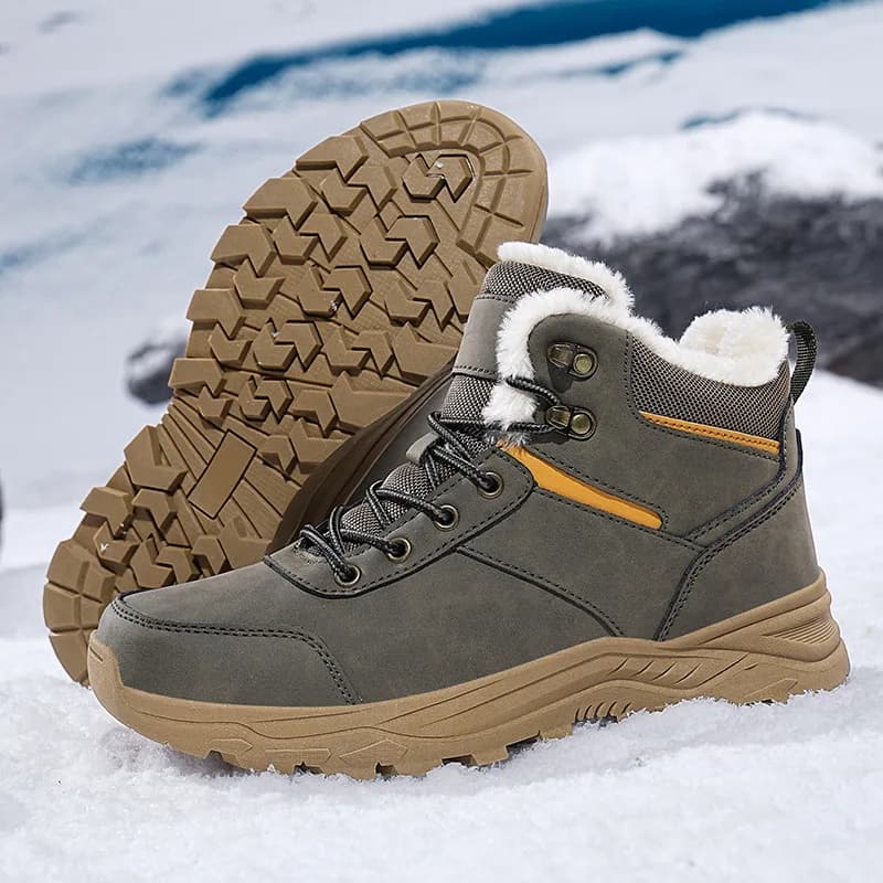Men's Fleece-Lined Warm Lace-Up High-Top Snow Boots Leather Non-Slip Wear-Resistant Outdoor Boots Dual-Purpose Snow Hiking,