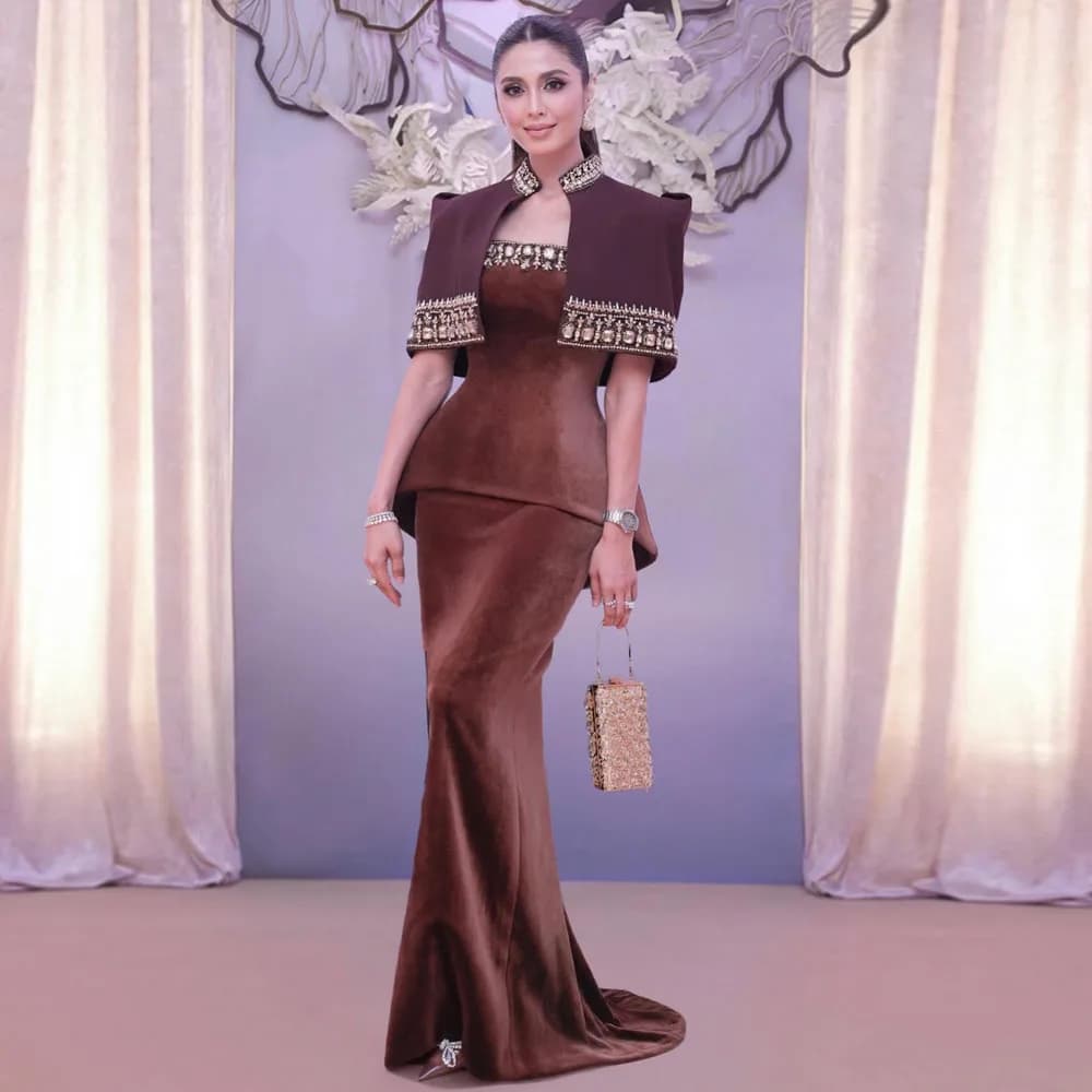 Customized Strapless Peplum Evening Dress with Short Cape Crystal Detail Mermaid vestidos de gala Brown Velvet Formal Gown