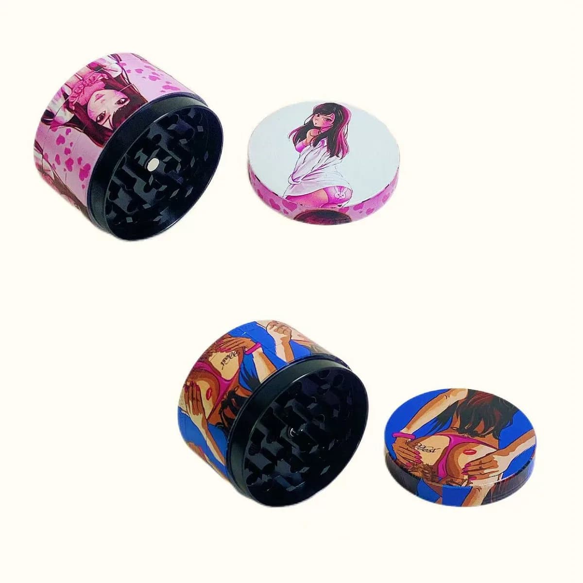 2 Inch 5cm 4 Layer Anime Girl Print Zinc Alloy Herb Grinder Pollen Catcher Cleaning Brush Magnetic Closure Manual Tool Gift