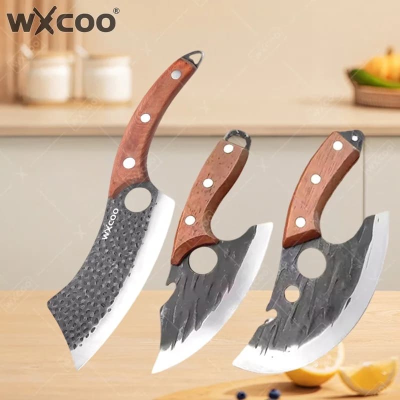 WXCOO Hand-Forged Butcher Knife Stainless Steel BBQ Multi-function Kitchen Knives for Cooking Bottle Opener Cutter Meat Cleaver