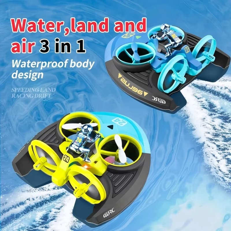 Aereo telecomandato tre-in-uno terra-mar-aria, elicottero senza pilota, motoscafo, auto da drifting, hovercraft anfibio giocattolo