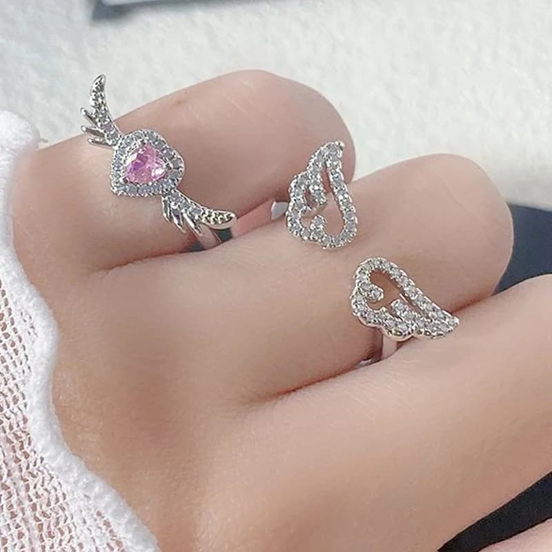 Sparkling Adjustable Rhinestone Finger Rings 1/2Pcs Diamond Angel Wings Opening Rings Fashion Women Party Birthday Jewelry Gift
