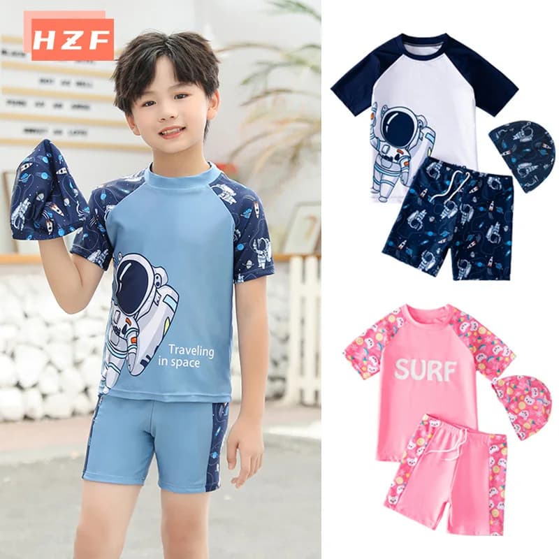 New Set of Separate Bathroom Costumes for Children and Girls, 3 Pieces, Quick Drying, Cartoon Print Costume, Shorts and Hat