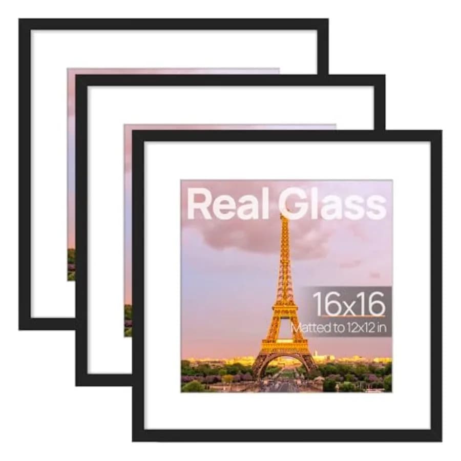 Set di 3 Cornici 16x16 in Vetro ad Alta Definizione per Foto 12x12 con Passepartout o 16x16 Senza Passepartout, per Esposizione a Parete e su Tavolo