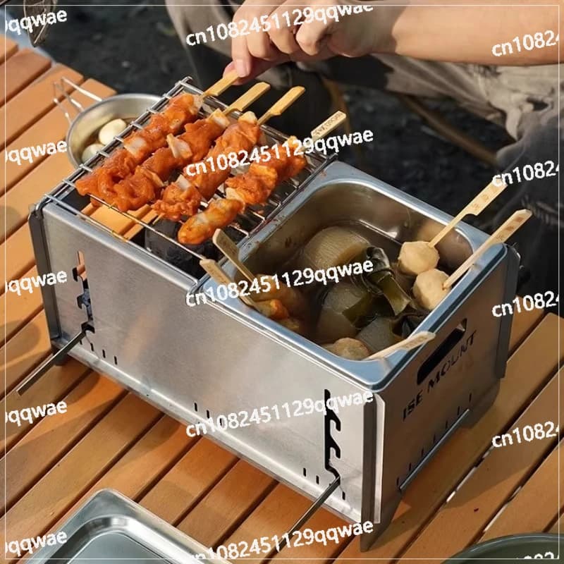 Outdoor camping stainless steel barbecue grill with integrated portable pot for hot pot