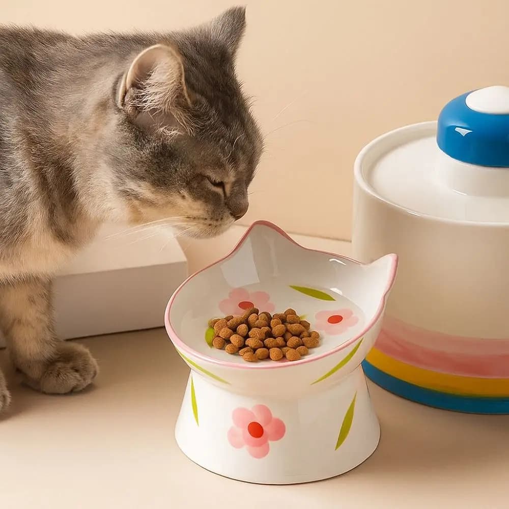 Ceramic Cat Bowl Handmade Cervical Spine Protection Cat Elevated Bowl Anti Tipping Flat/Slanted Mouth Pet Food Bowl