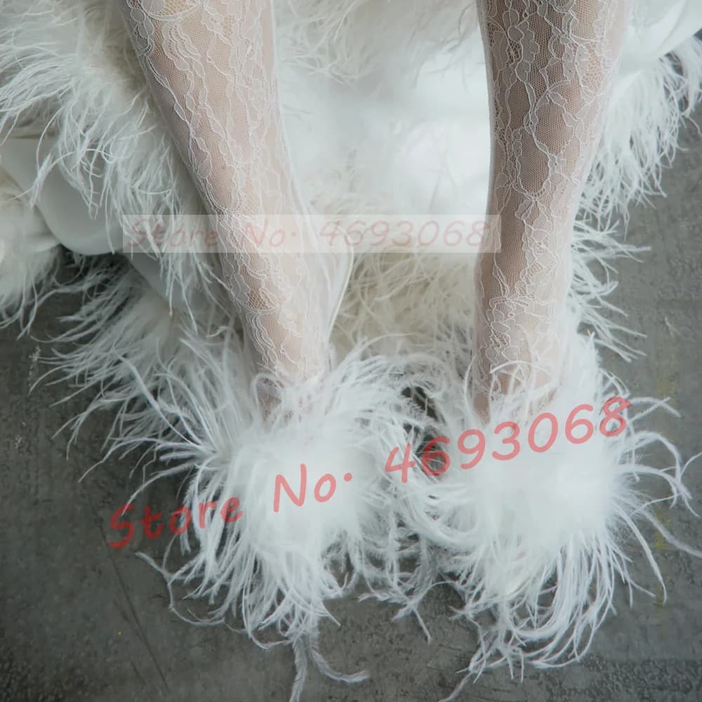 White Ostrich Feather Heeled Slippers Women Sweet Flowing Fur Wedding High Heel Shoes Ladies Party Pink Satin Dress Slippers