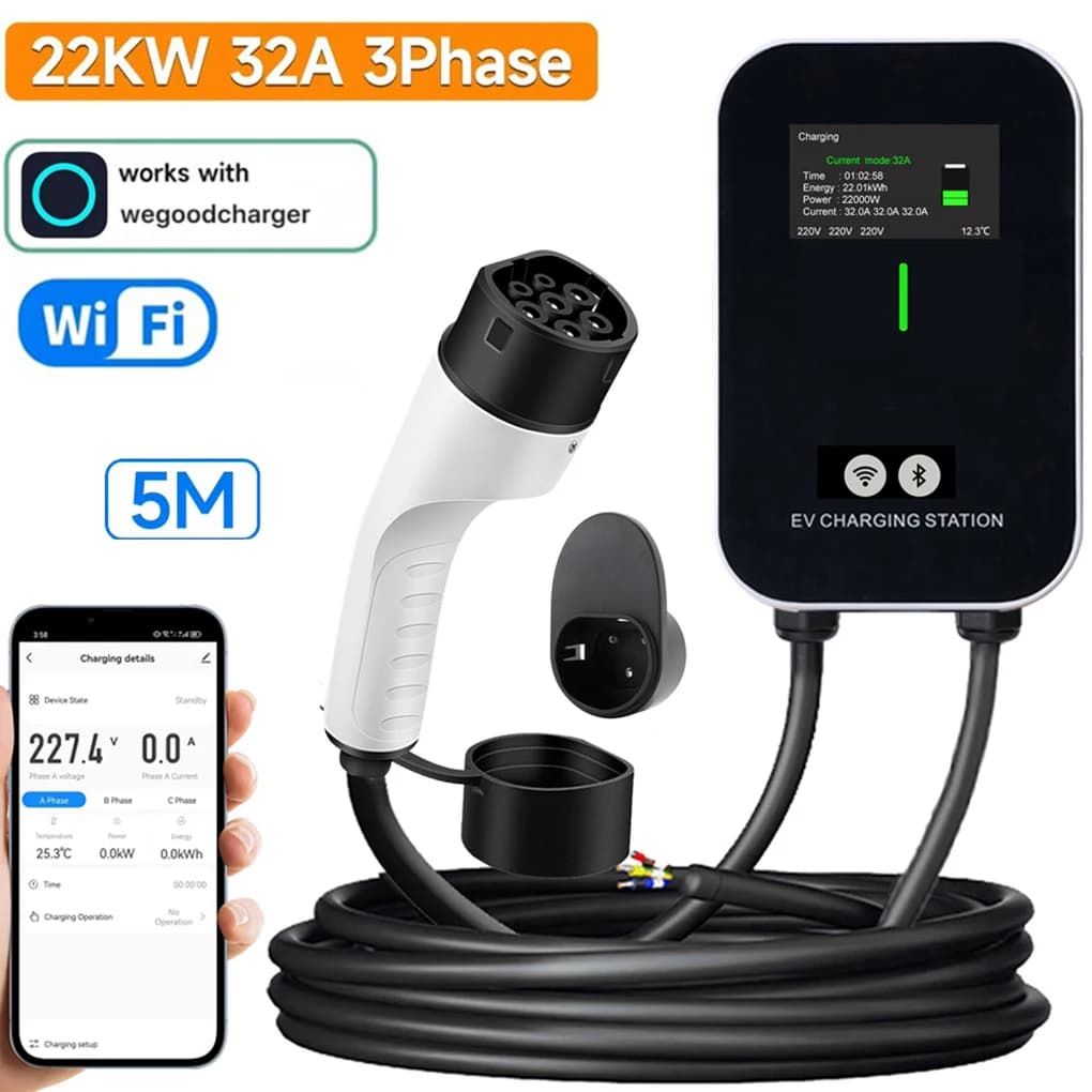 Caricatore EV Wallbox TYPE-2 7KW 11KW 22KW Stazione di ricarica EV 1/3 fasi 16A 32A 5m Caricatore EV con controllo Bluetooth APP
