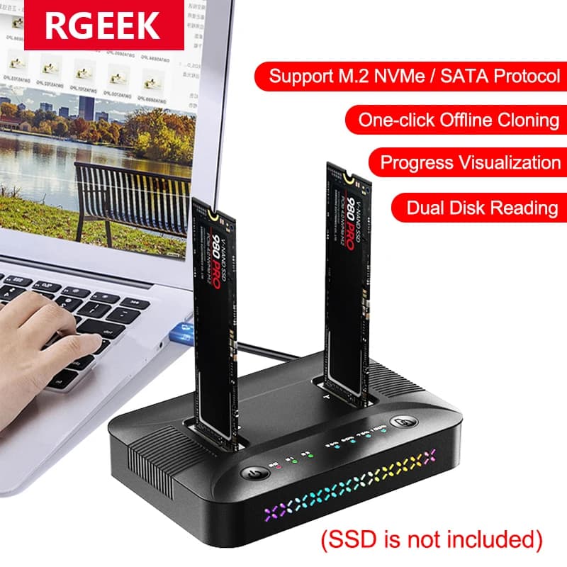 Docking station SSD M.2 RGB Dual-Bay Custodia SSD M.2 NVME NGFF USB3.2 GEN2 Tipo C 10 Gbps Supporto trasferimento dati Clone offline
