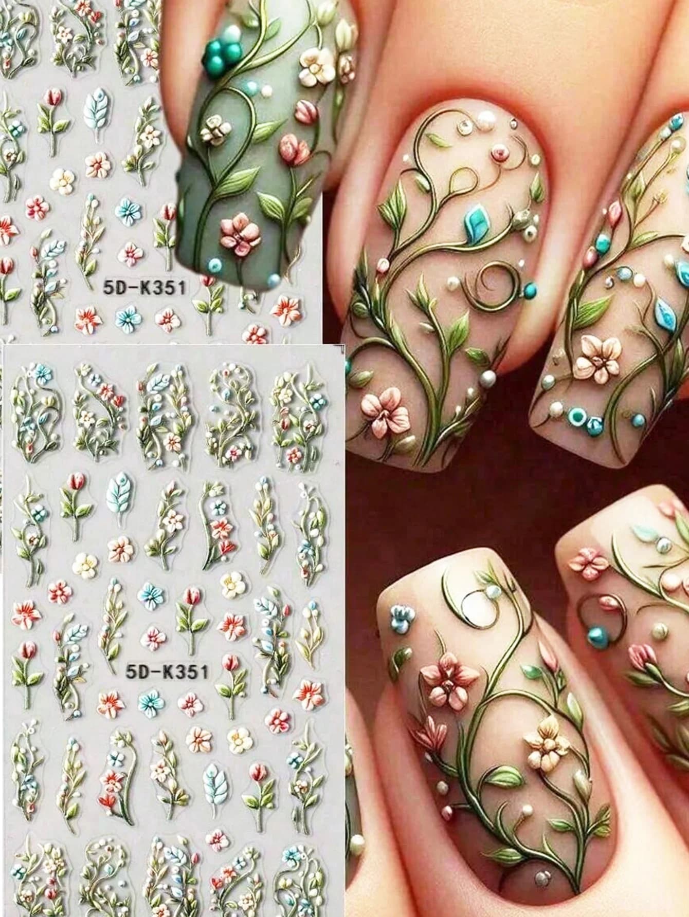 2 Pieces 5D Nail Stickers with Green Face Leaves in Relief, Decalcomanie for Nails with Flowers in Five Colored Petals and Frescoes